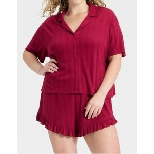 Wild Fable Womens Pajama Set Red Solid Button Down Shirt Ruffle Shorts Size L